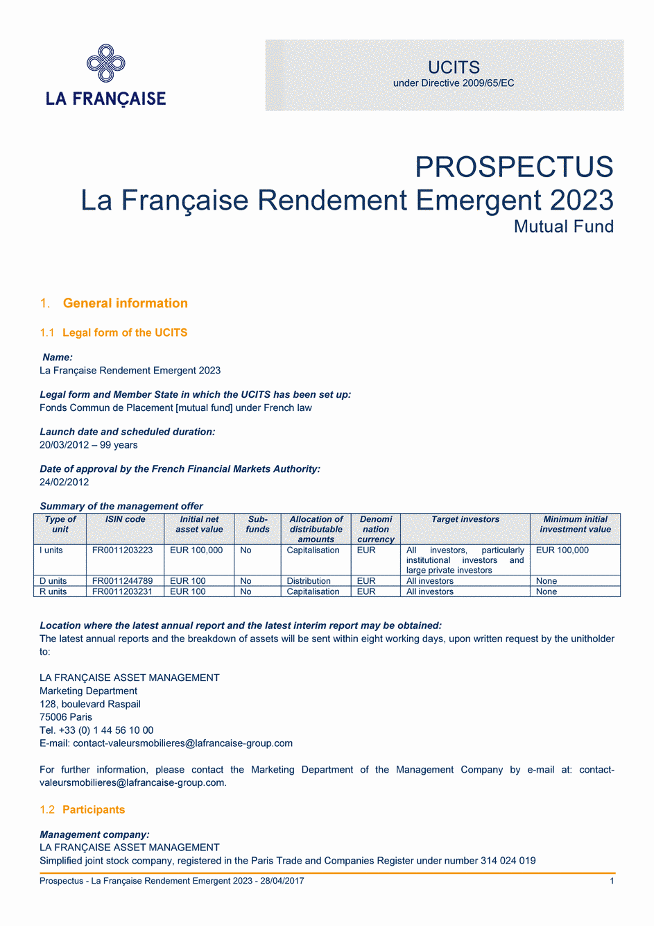 Prospectus La Française Rendement Emergent 2023 - Part R - 28/04/2017 - Anglais
