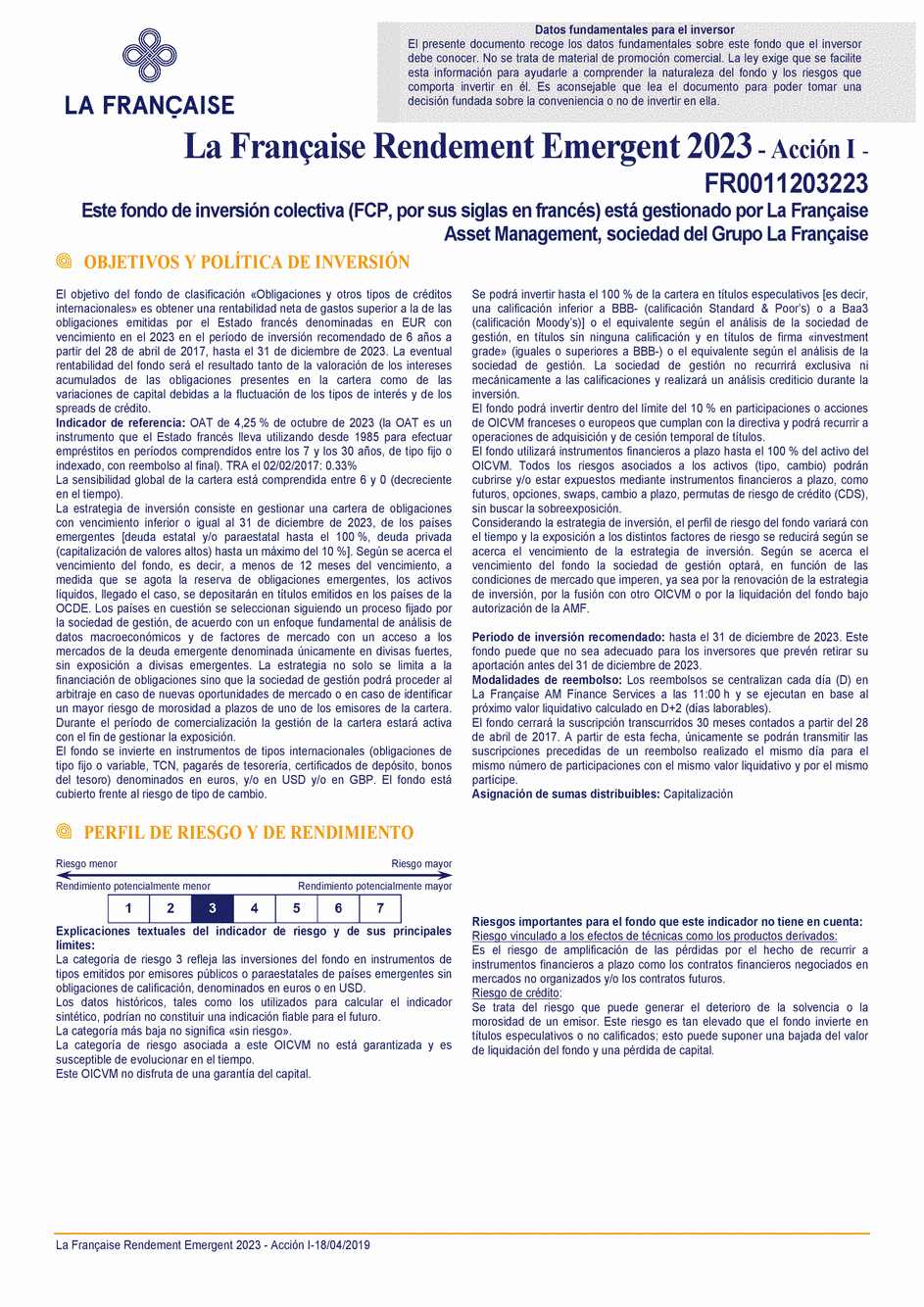 DICI La Française Rendement Emergent 2023 - Part I - 18/04/2019 - Espagnol