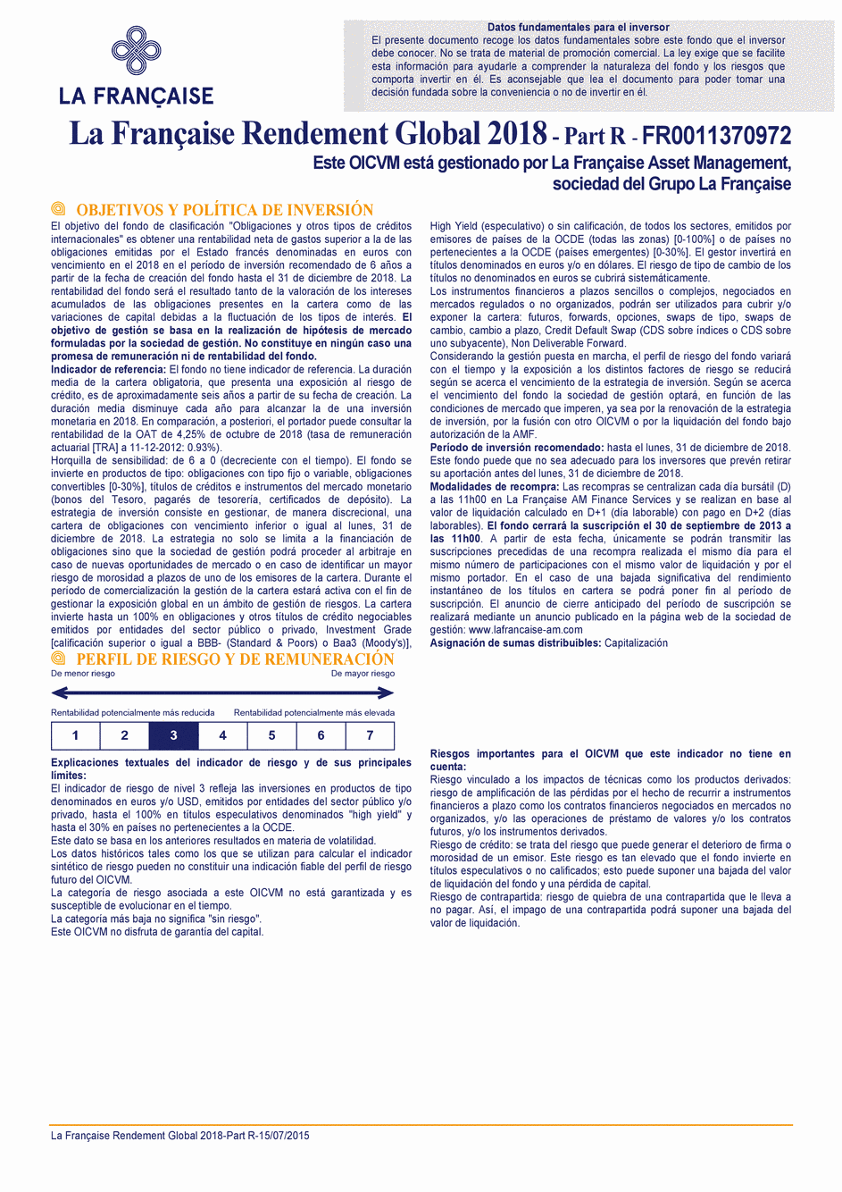 DICI La Française Rendement Global 2018 - Part R - 15/07/2015 - Espagnol