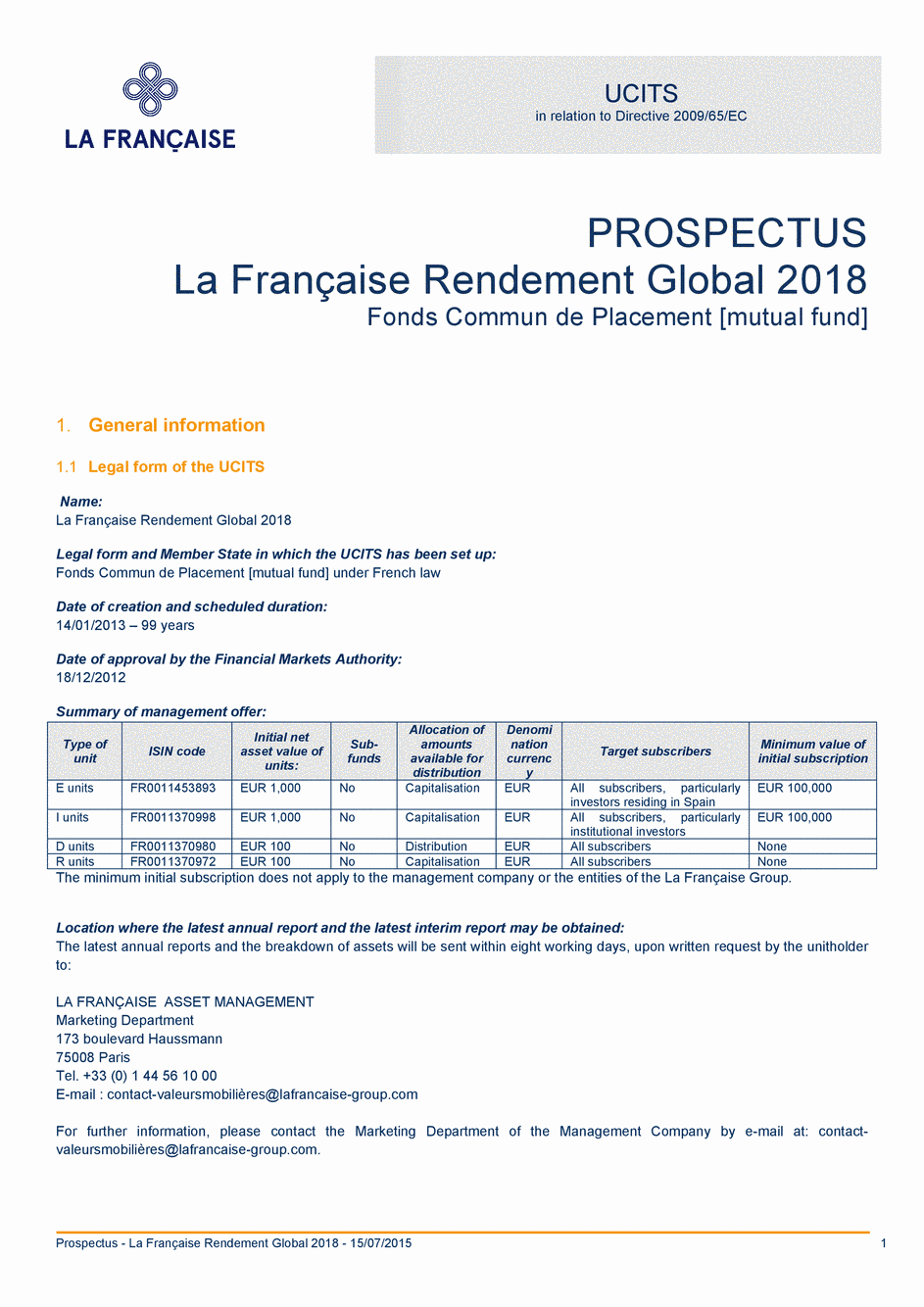 Prospectus LA FRANÇAISE RENDEMENT GLOBAL 2018 Part R - 15/07/2015 - Anglais