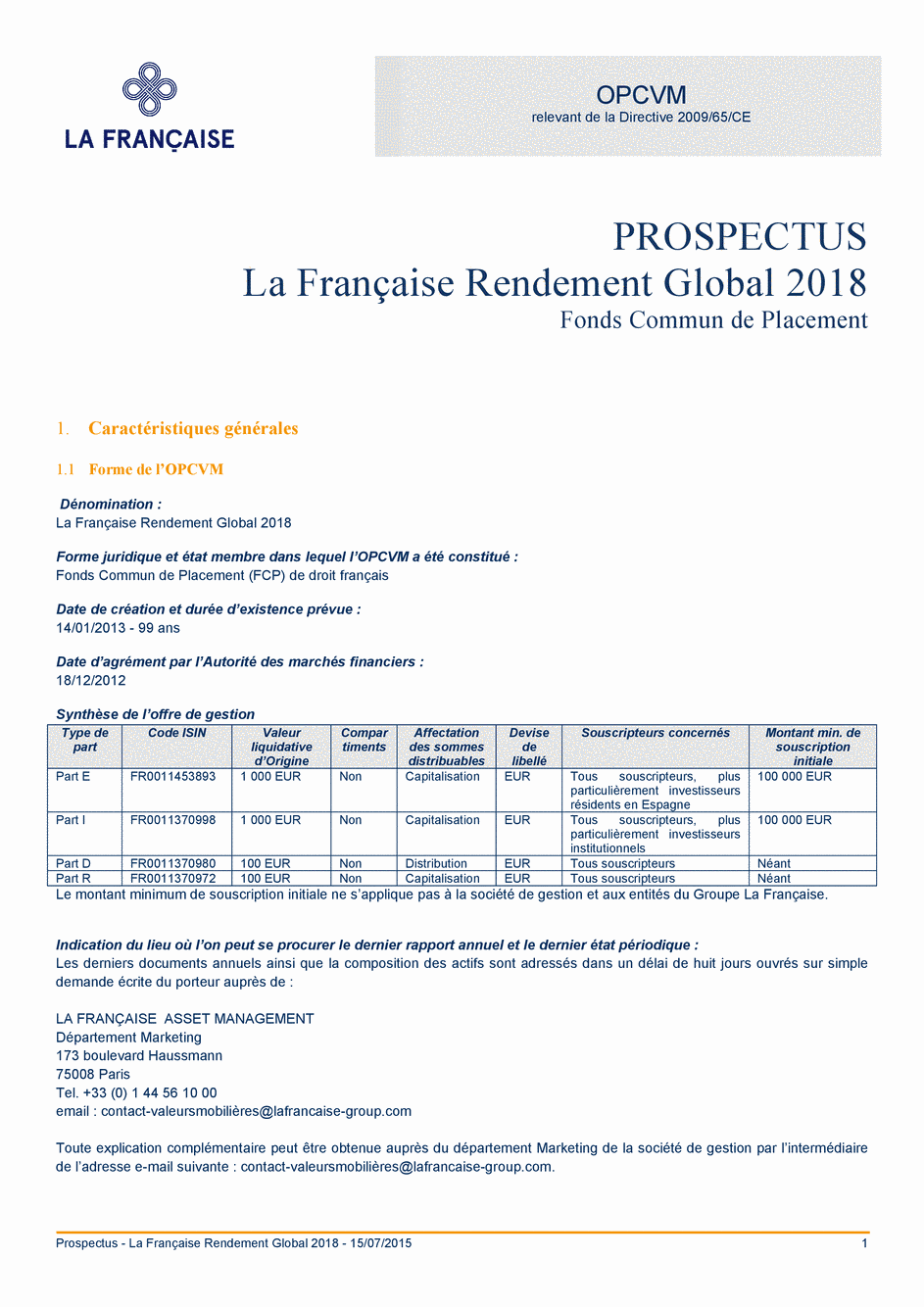 Prospectus LA FRANÇAISE RENDEMENT GLOBAL 2018 Part R - 15/07/2015 - Français