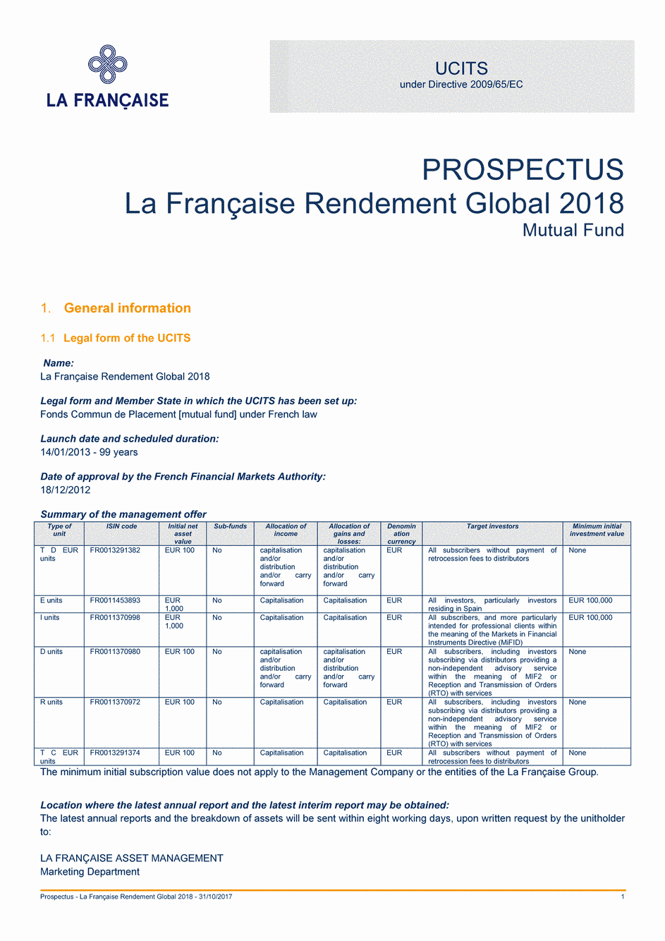 Prospectus LA FRANÇAISE RENDEMENT GLOBAL 2018 Part R - 31/10/2017 - Anglais