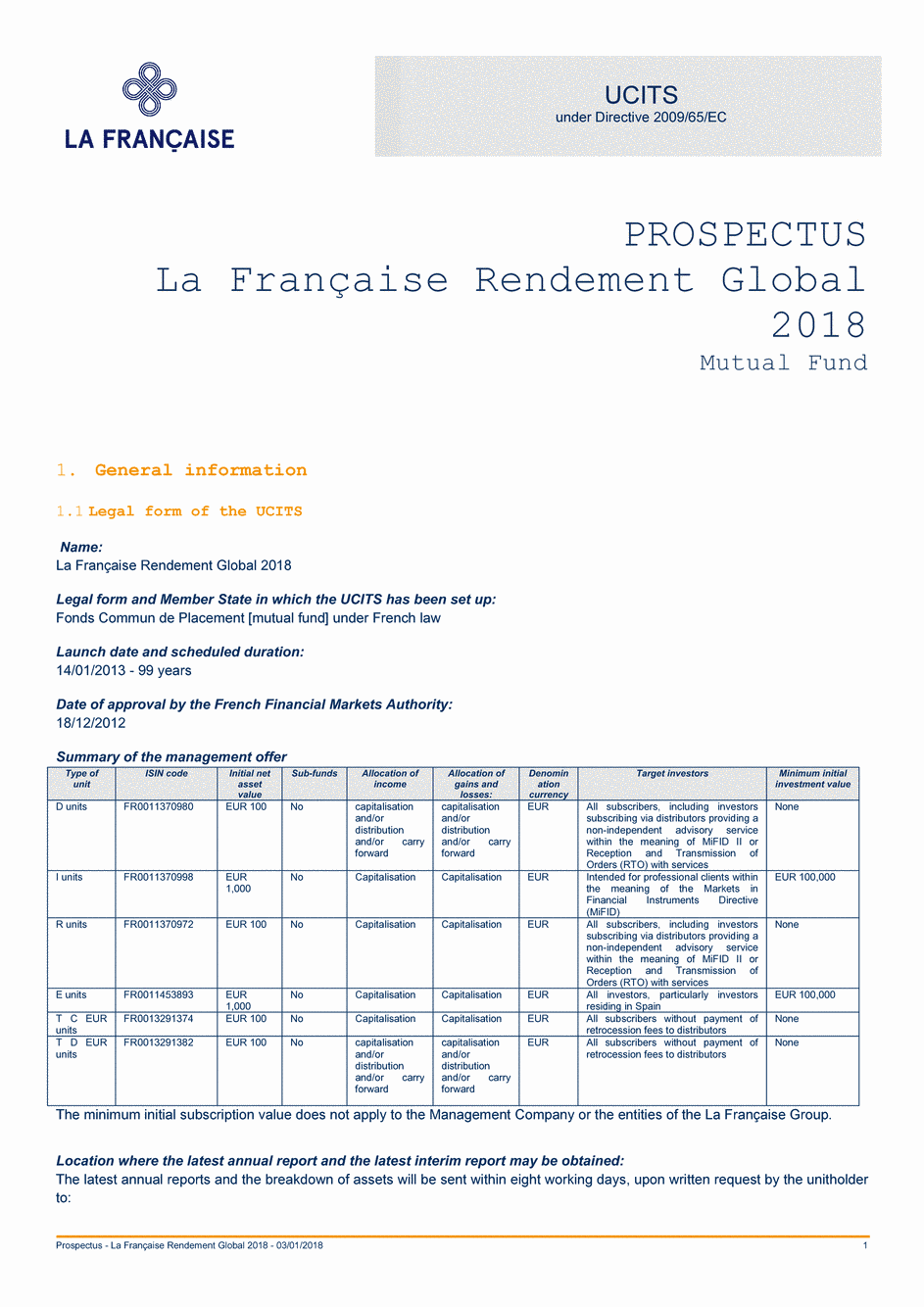 Prospectus LA FRANÇAISE RENDEMENT GLOBAL 2018 Part I - 03/01/2018 - Anglais