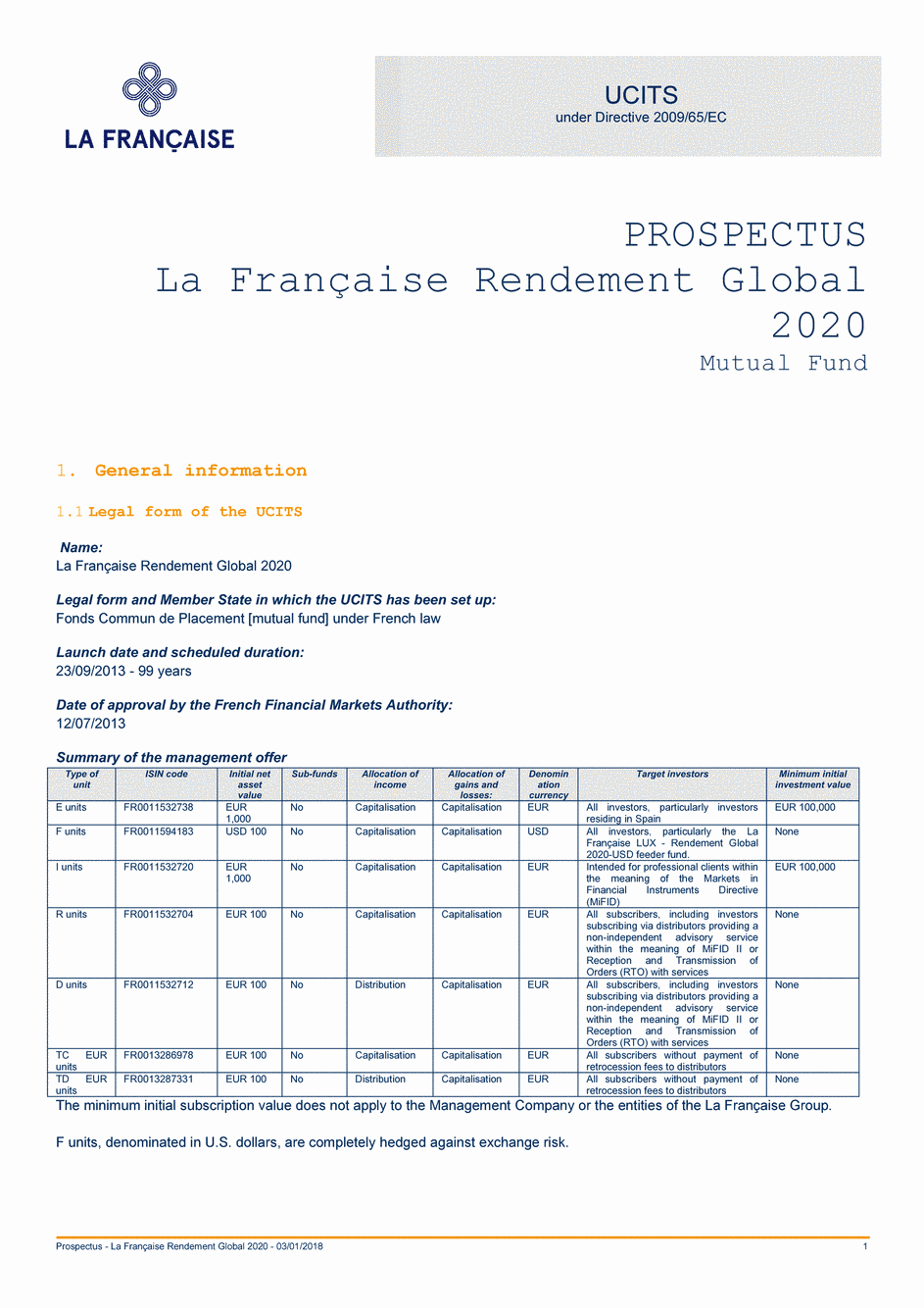 Prospectus LA FRANÇAISE RENDEMENT GLOBAL 2020 E - 03/01/2018 - Anglais