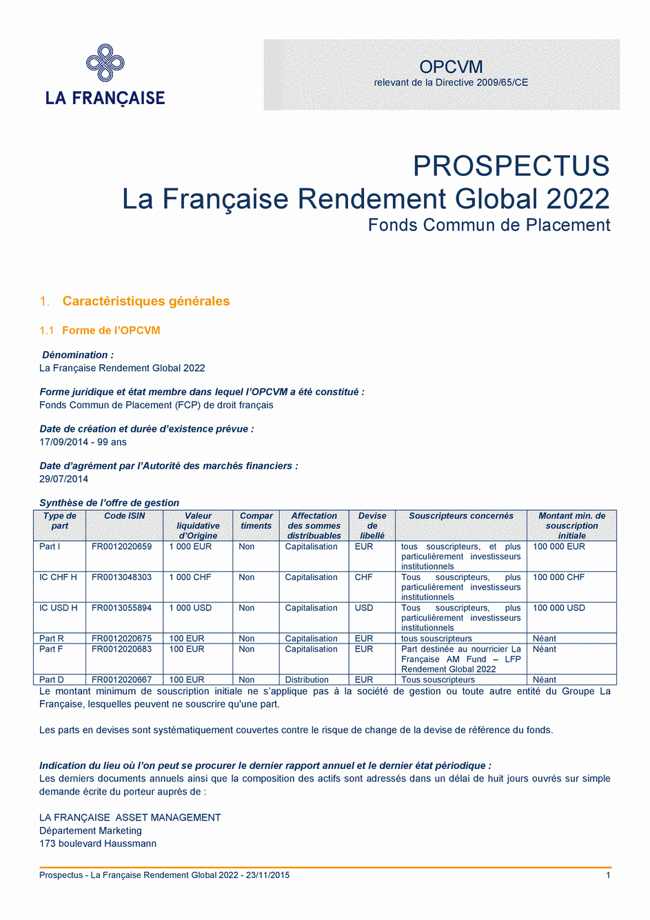 Prospectus La Française Rendement Global 2022 - Part I - 23/11/2015 - Français