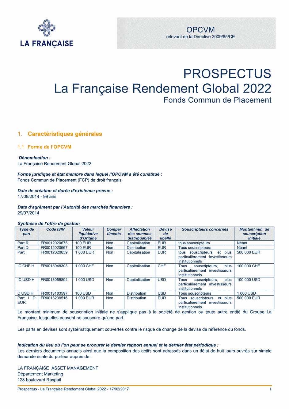 Prospectus La Française Rendement Global 2022 - Part I - 17/02/2017 - Français