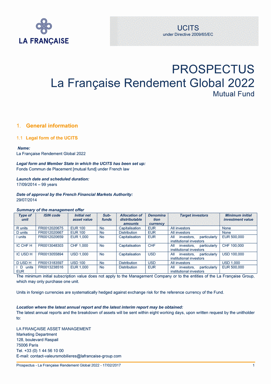 Prospectus La Française Rendement Global 2022 - Part I - 17/02/2017 - Anglais