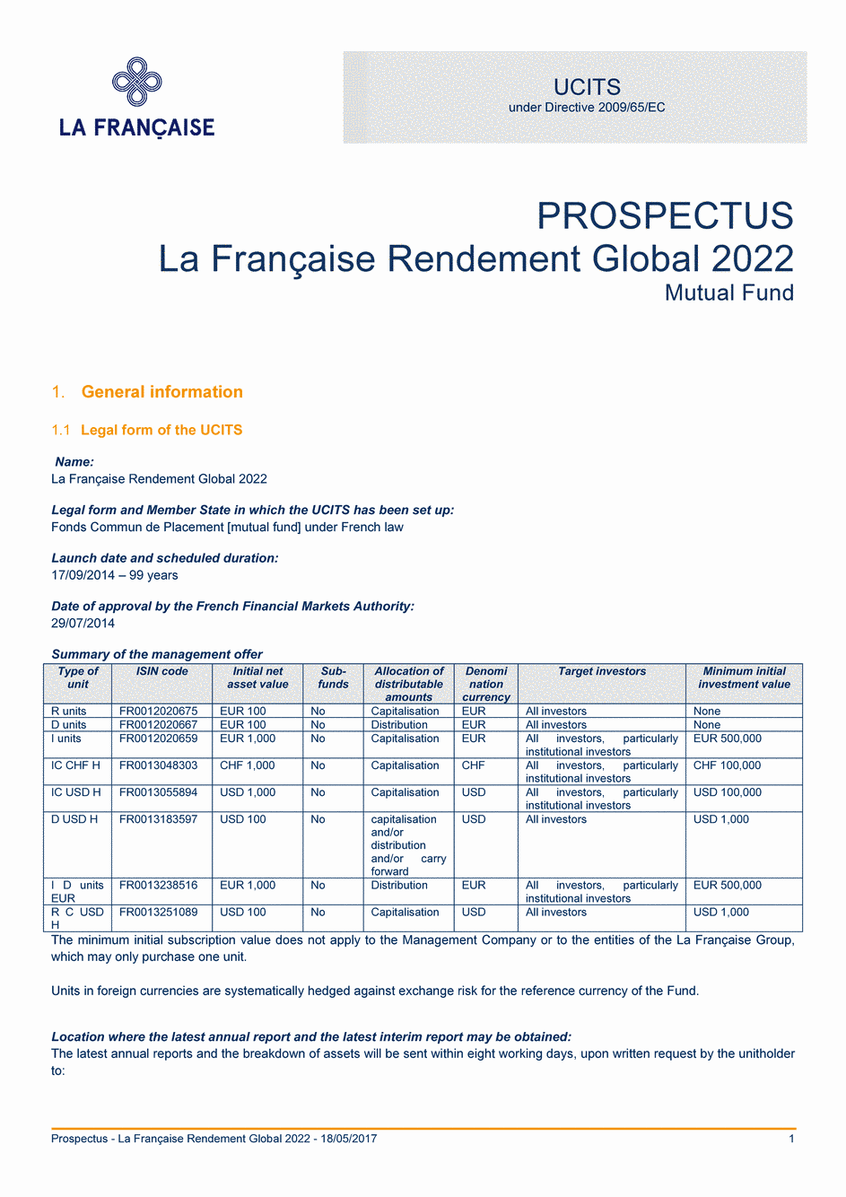 Prospectus La Française Rendement Global 2022 - Part I - 18/05/2017 - Anglais
