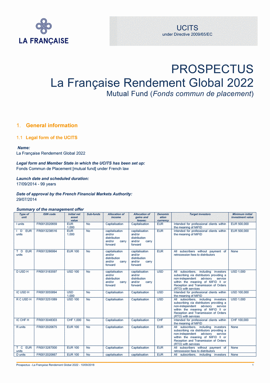 Prospectus La Française Rendement Global 2022 - Part I - 10/09/2018 - Anglais