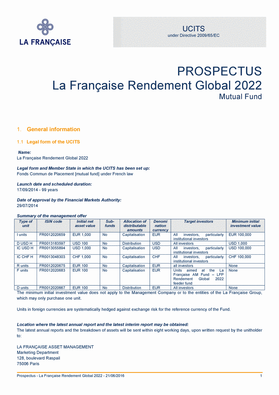 Prospectus La Française Rendement Global 2022 - Part D - 21/06/2016 - Anglais