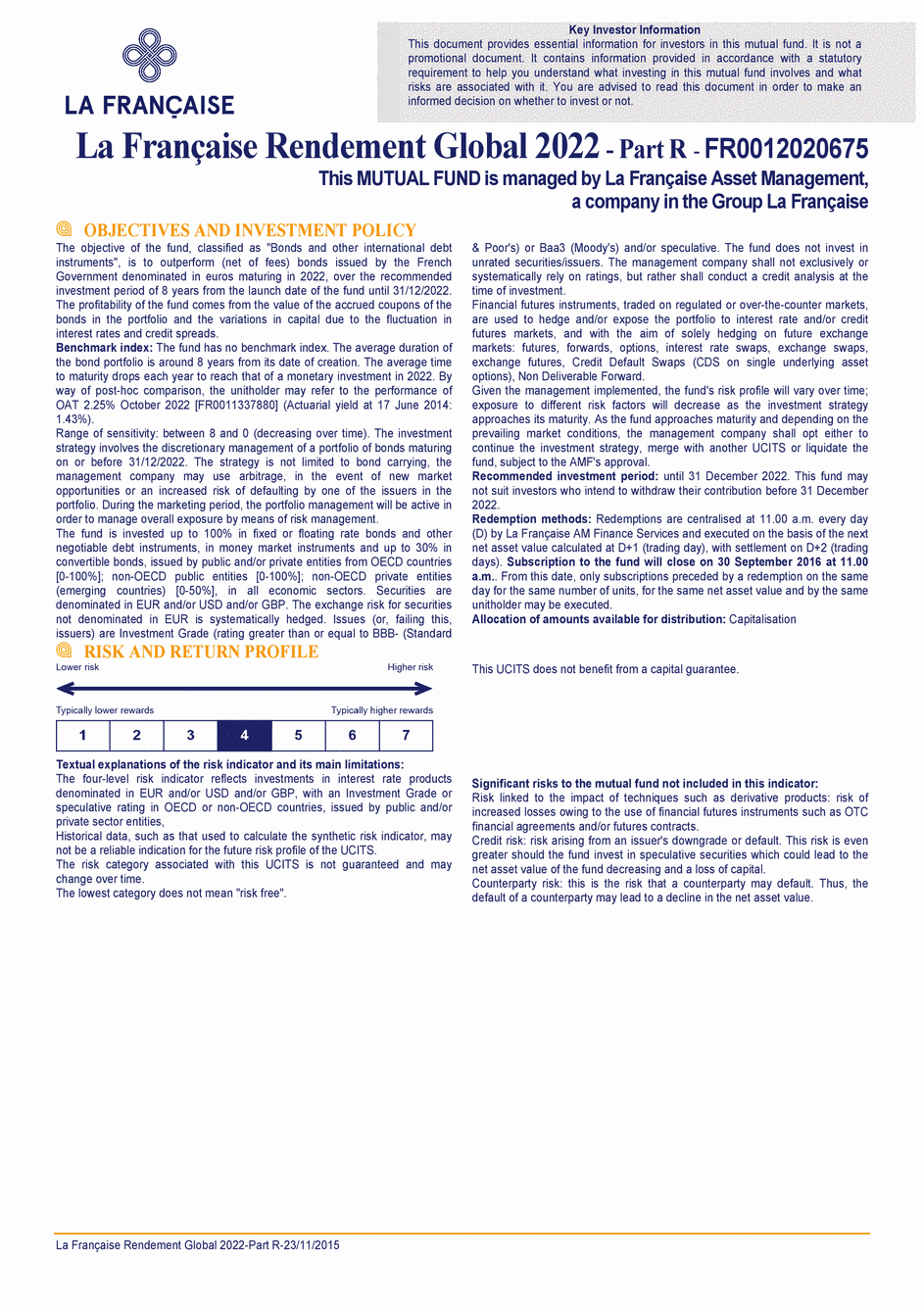 DICI La Française Rendement Global 2022 - Part R - 23/11/2015 - Anglais
