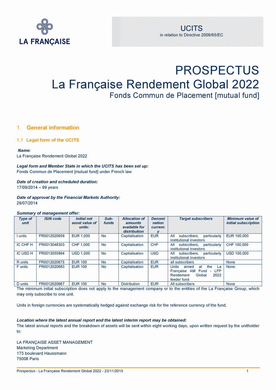 Prospectus La Française Rendement Global 2022 - Part R - 09/11/2015 - Anglais