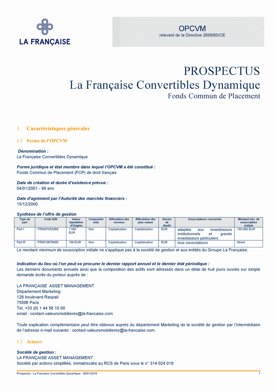 Prospectus La Française Convertibles Dynamique - Part I - 28/01/2019 - Français