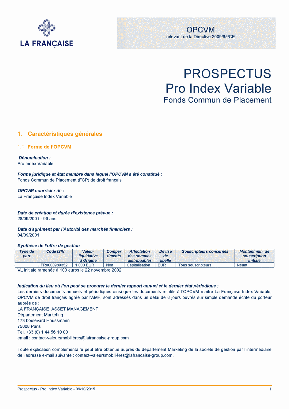 Prospectus Pro Index Variable - 09/10/2015 - Français