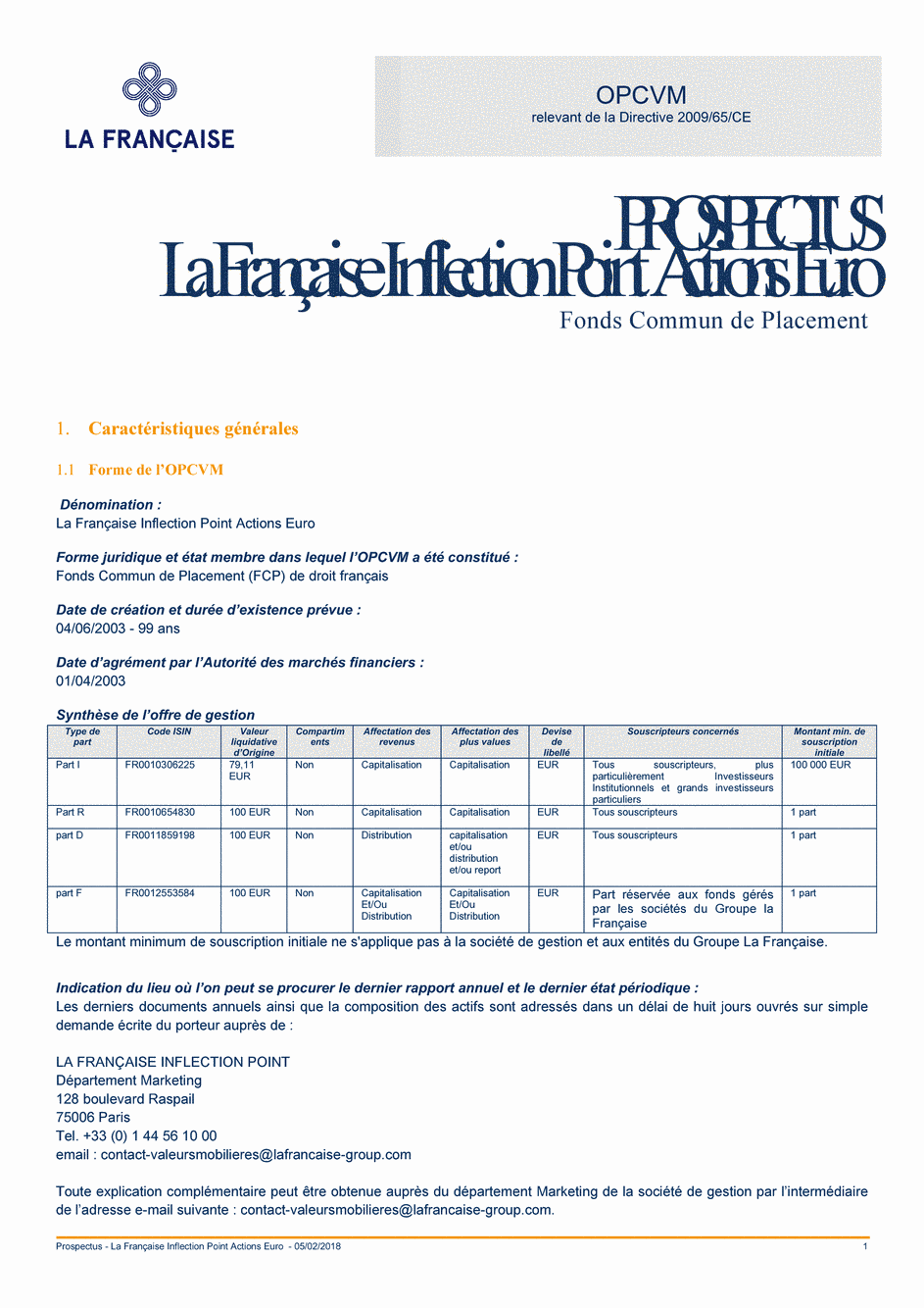 Prospectus La Française Inflection Point Actions Euro - Part I - 05/02/2018 - Français
