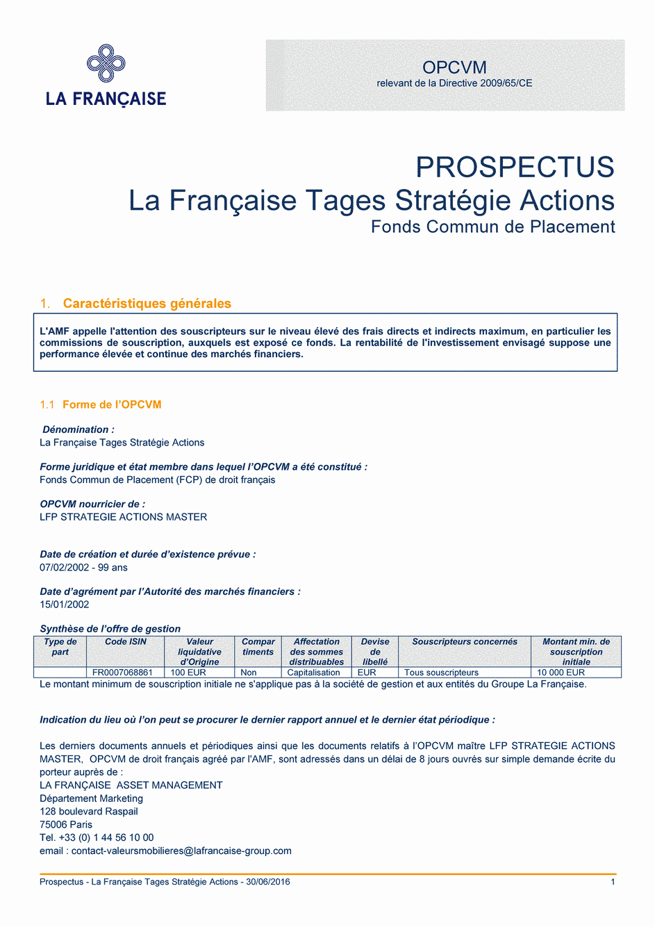 Prospectus La Française Tages Stratégie Actions - 30/06/2016 - Français