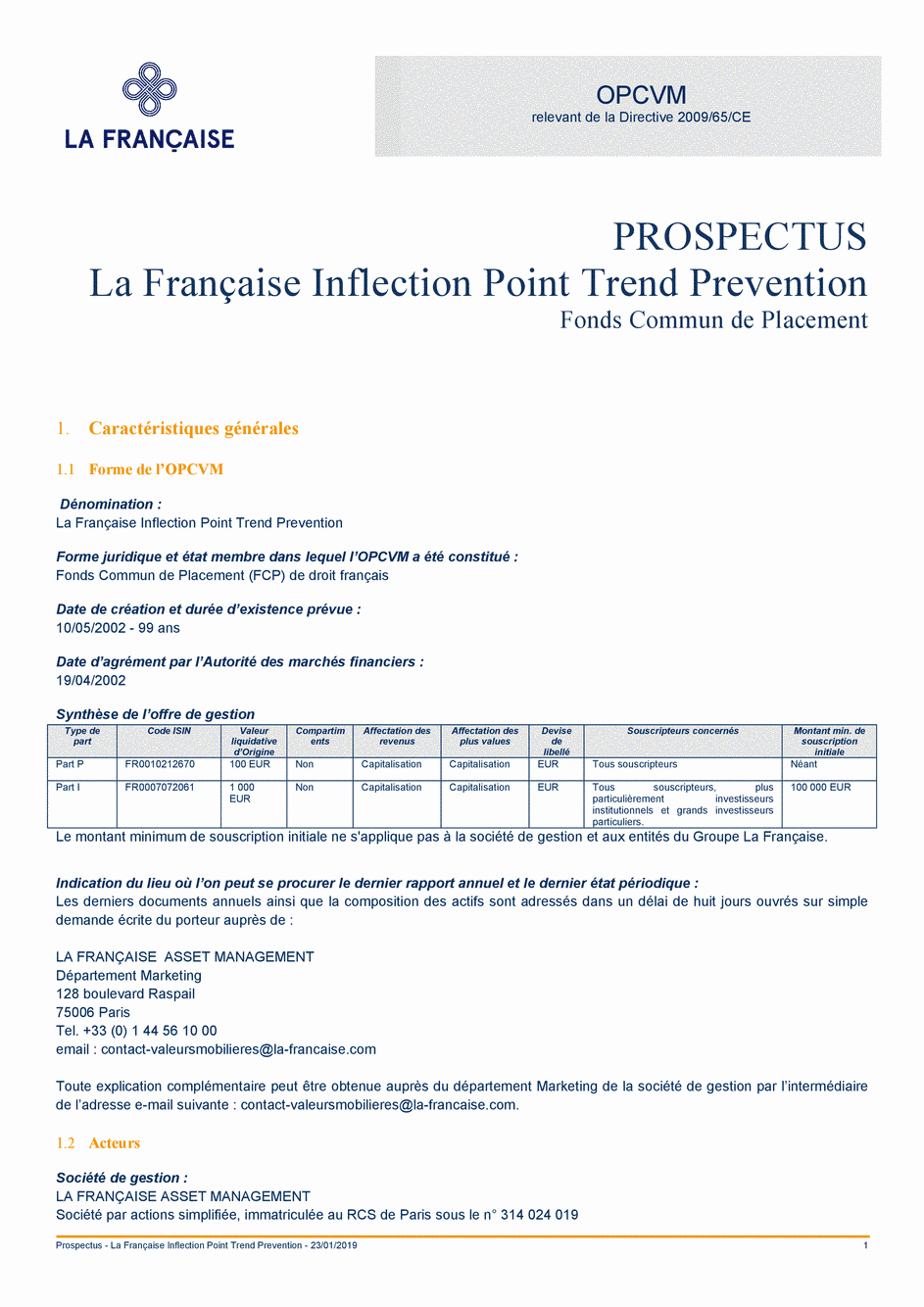 Prospectus La Française Inflection Point Trend Prévention - Part P - 23/01/2019 - Français