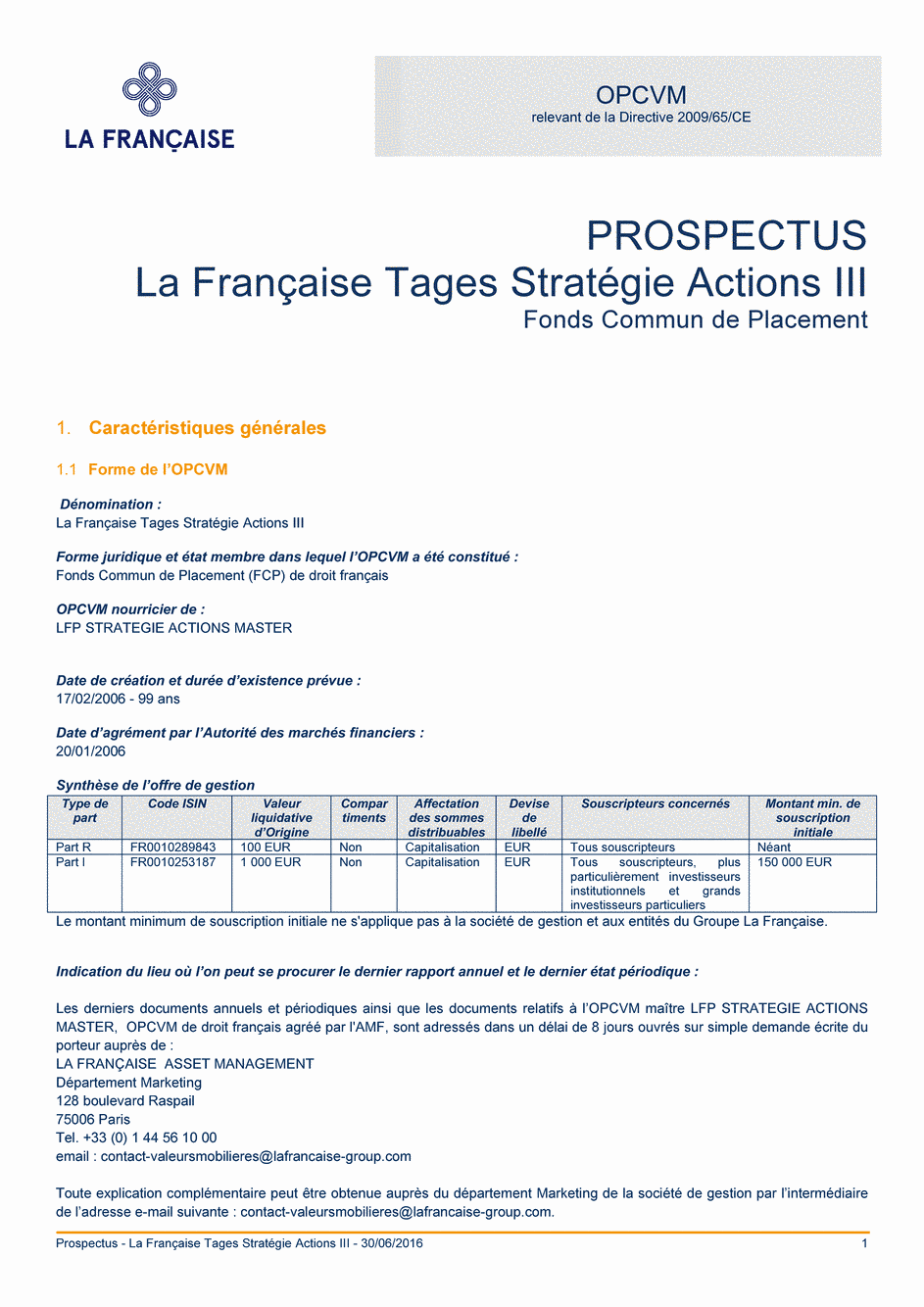 Prospectus La Française Tages Stratégie Actions III - Part I - 30/06/2016 - Français