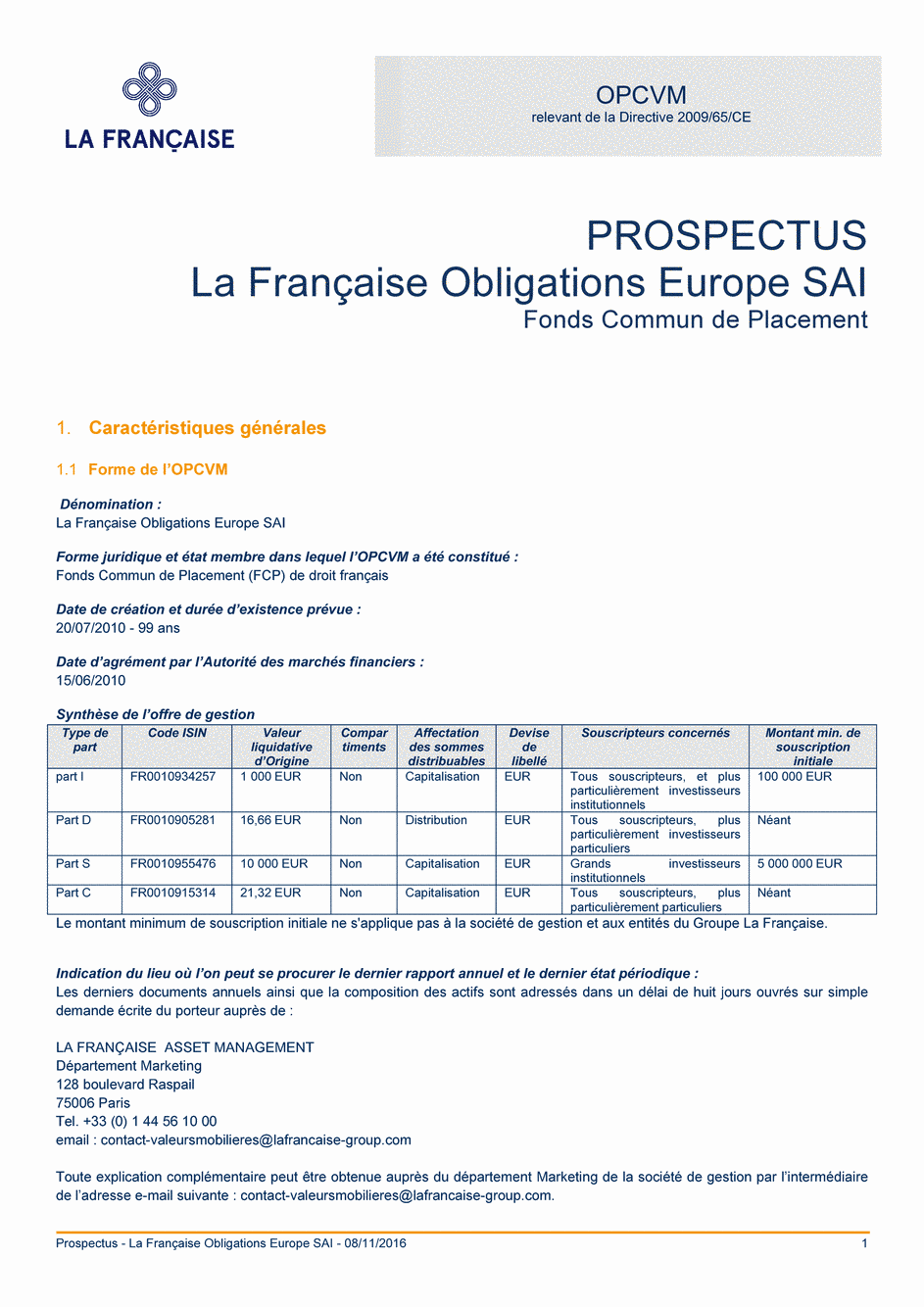 Prospectus La Française Obligations Europe SAI - Part C - 21/10/2016 - Français