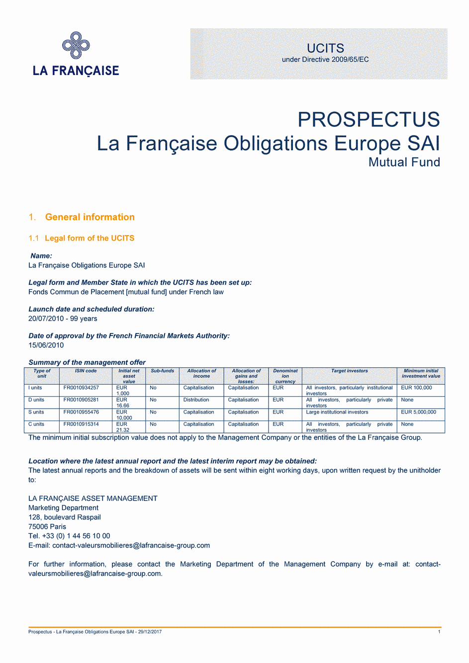 Prospectus La Française Obligations Europe SAI - Part C - 29/12/2017 - Anglais