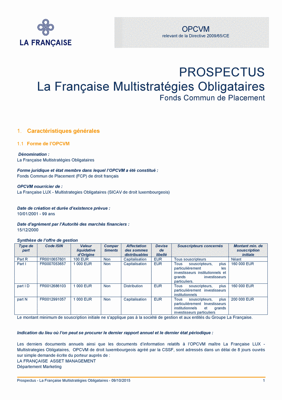 Prospectus La Française Multistratégies Obligataires - Part R - 09/10/2015 - Français