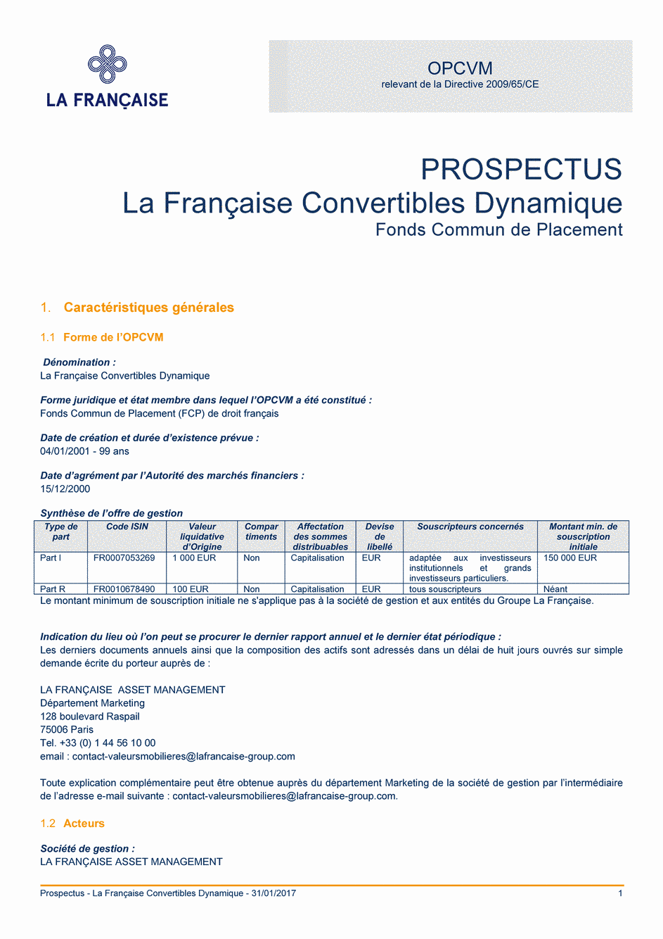 Prospectus La Française Convertibles Dynamique - Part R - 31/01/2017 - Français