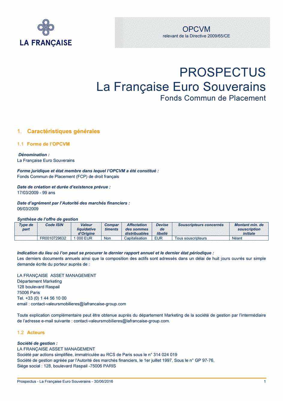 Prospectus La Française Euro Souverains - 30/06/2016 - Français