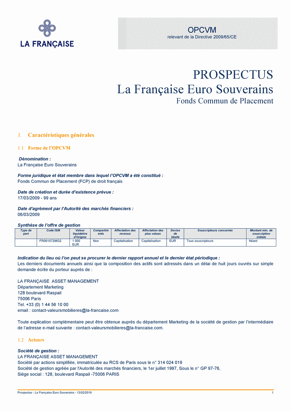 Prospectus La Française Euro Souverains - 13/02/2019 - Français