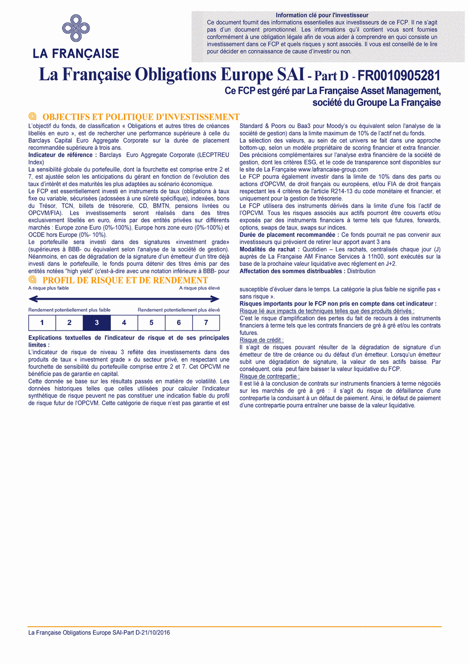 DICI La Française Obligations Europe SAI - Part D - 21/10/2016 - Français