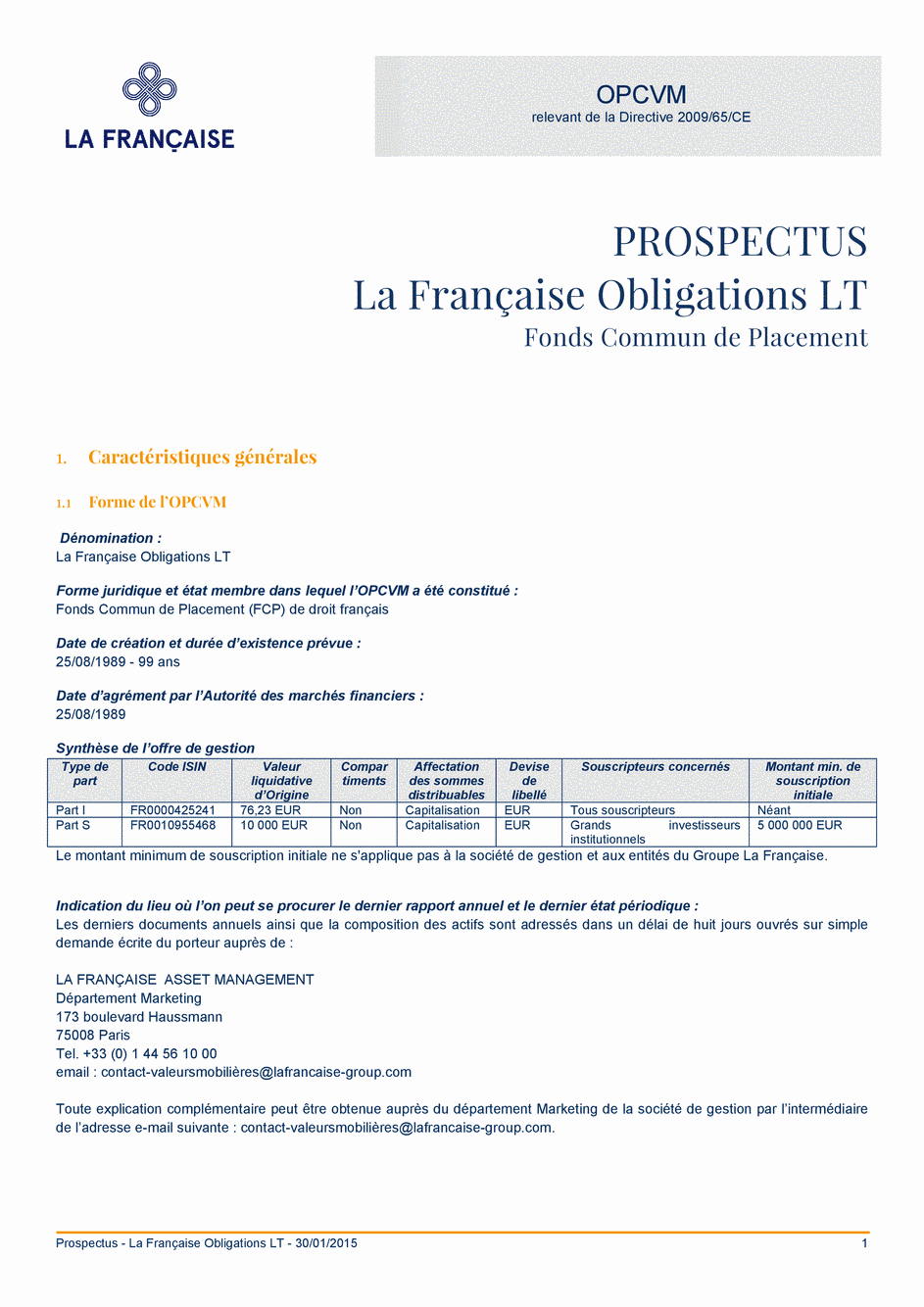 Prospectus La Française Obligations LT - Part I - 30/01/2015 - Français