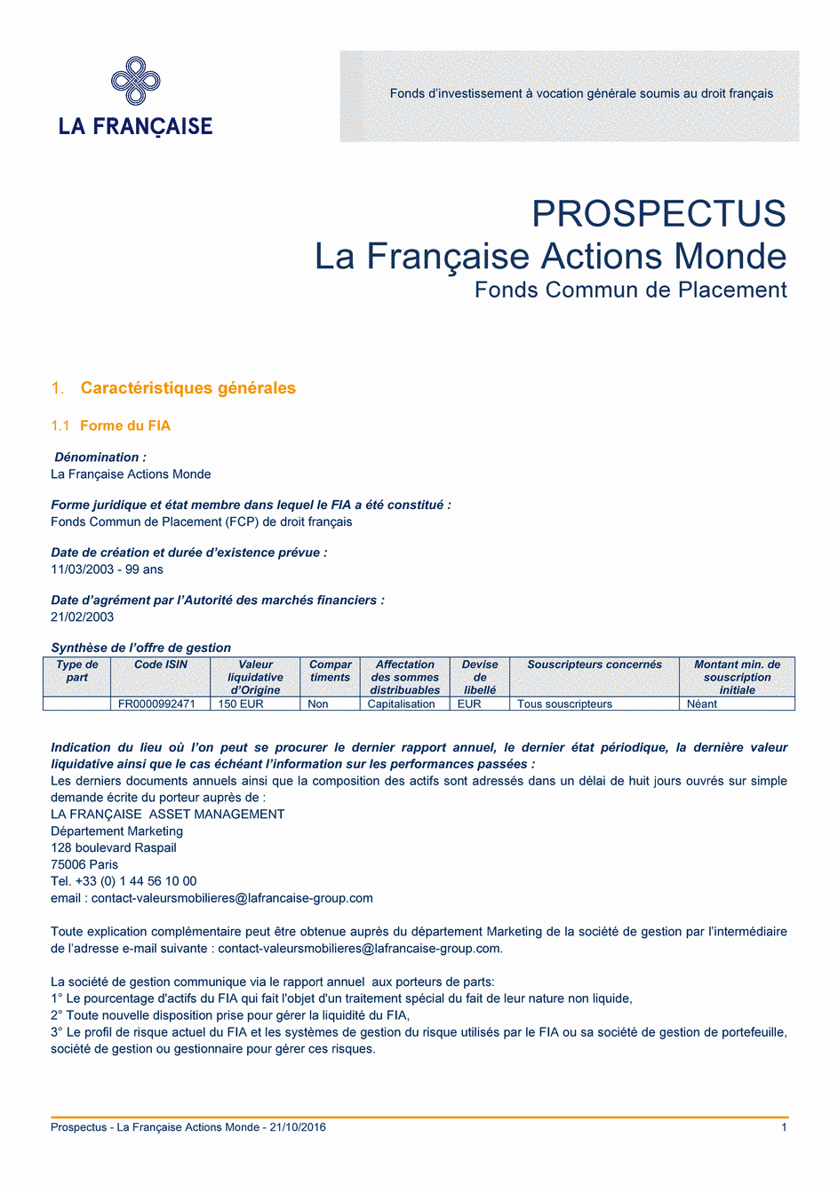 Prospectus LA FRANCAISE ACTIONS MONDE (C) - 21/10/2016 - Français