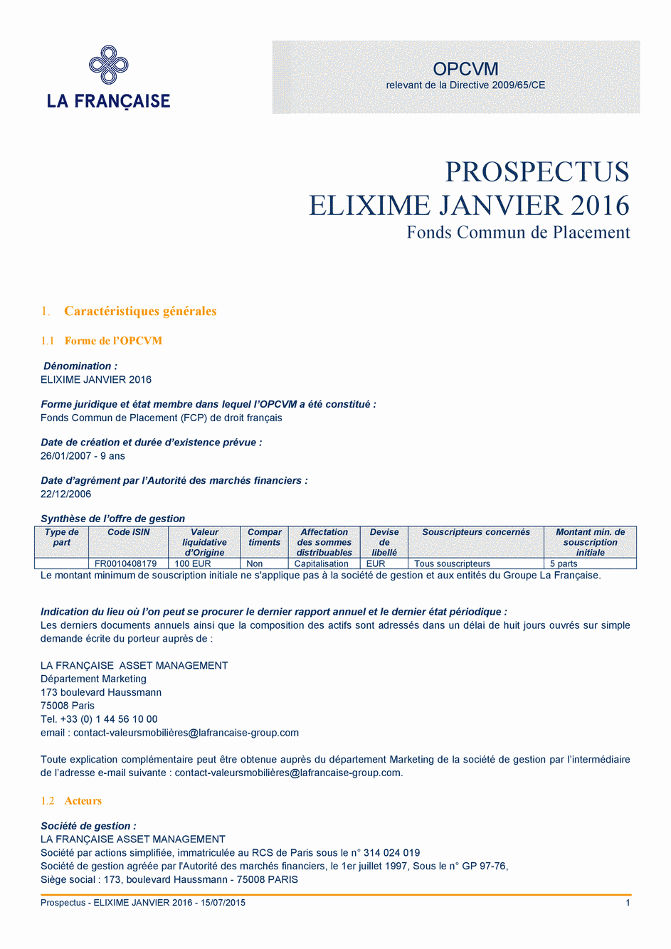 Prospectus ELIXIME Janvier 2016 - 15/07/2015 - Français