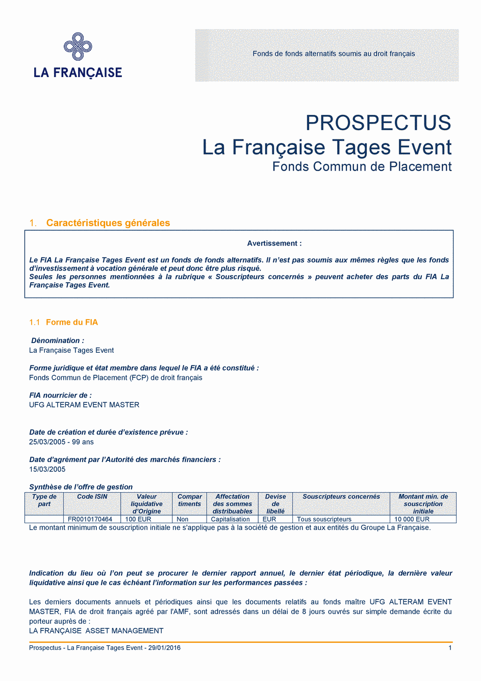 Prospectus La Française Tages Event - 29/01/2016 - Français