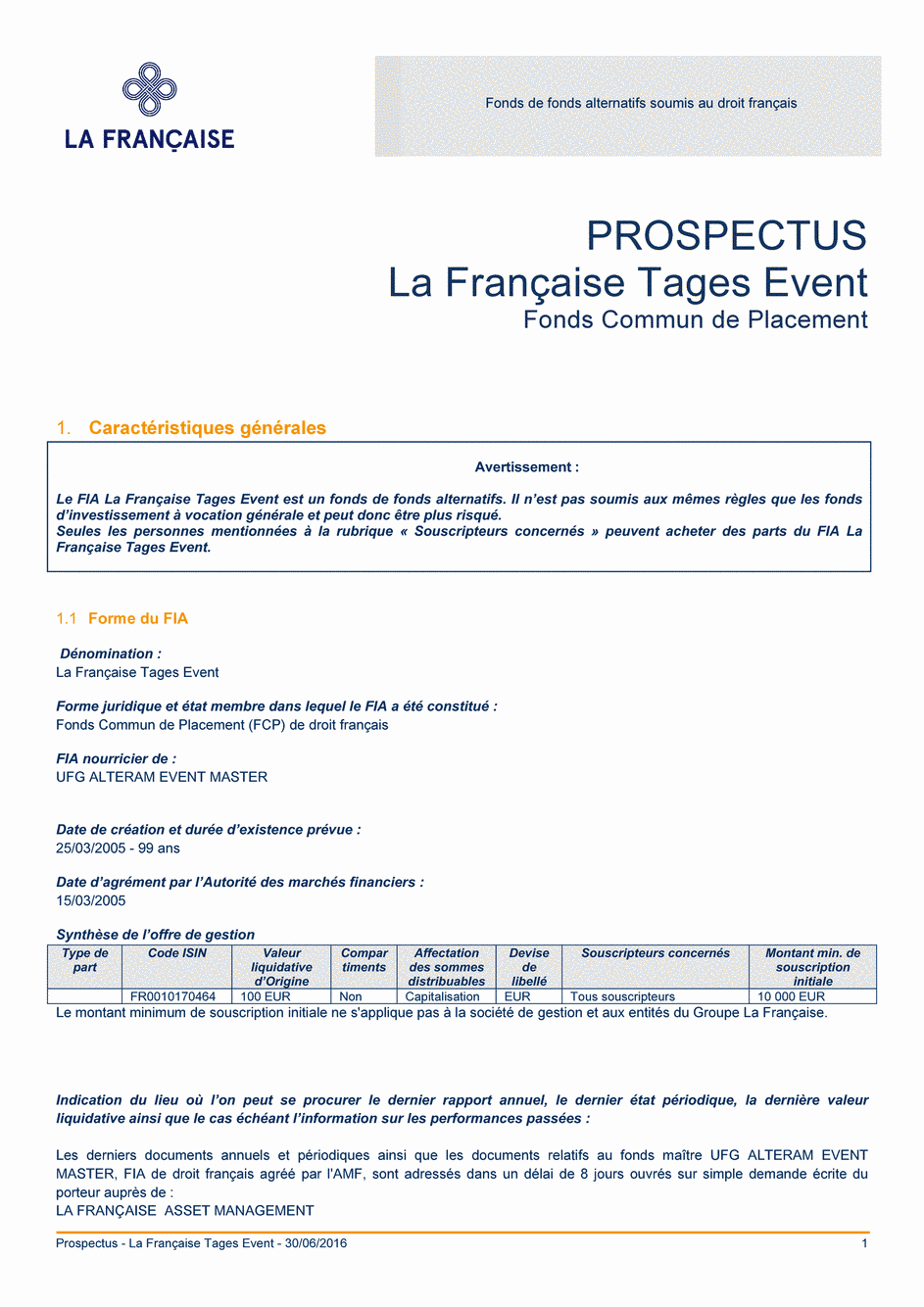 Prospectus La Française Tages Event - 30/06/2016 - Français