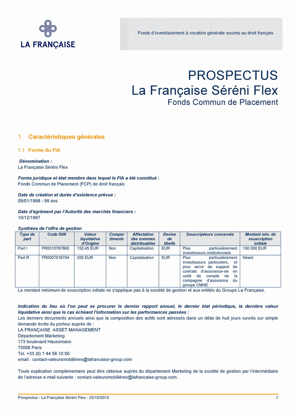 Prospectus La Française Séréni Flex - Part I - 23/10/2015 - Français