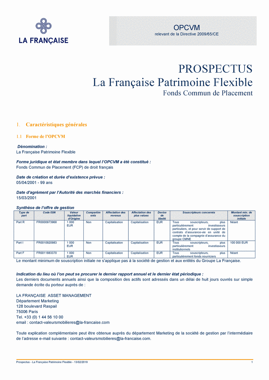 Prospectus La Française Patrimoine Flexible - Part I - 13/02/2019 - Français
