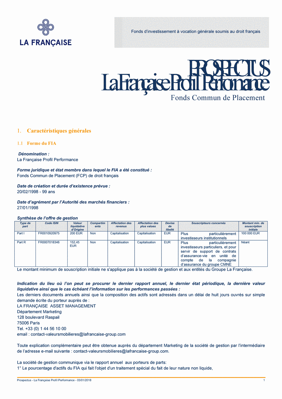 Prospectus LA FRANCAISE PROFIL PERFORMANCE I - 03/01/2018 - Français