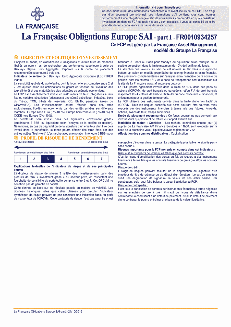 DICI La Française Obligations Europe SAI - Part I - 21/10/2016 - Français