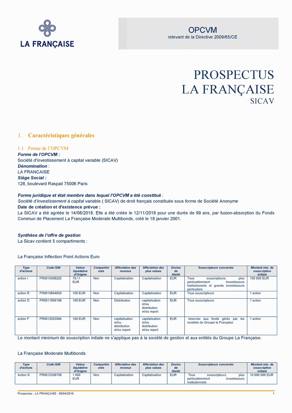 Prospectus La Française Obligations Europe SAI - Part I - 07/12/2018 - Français