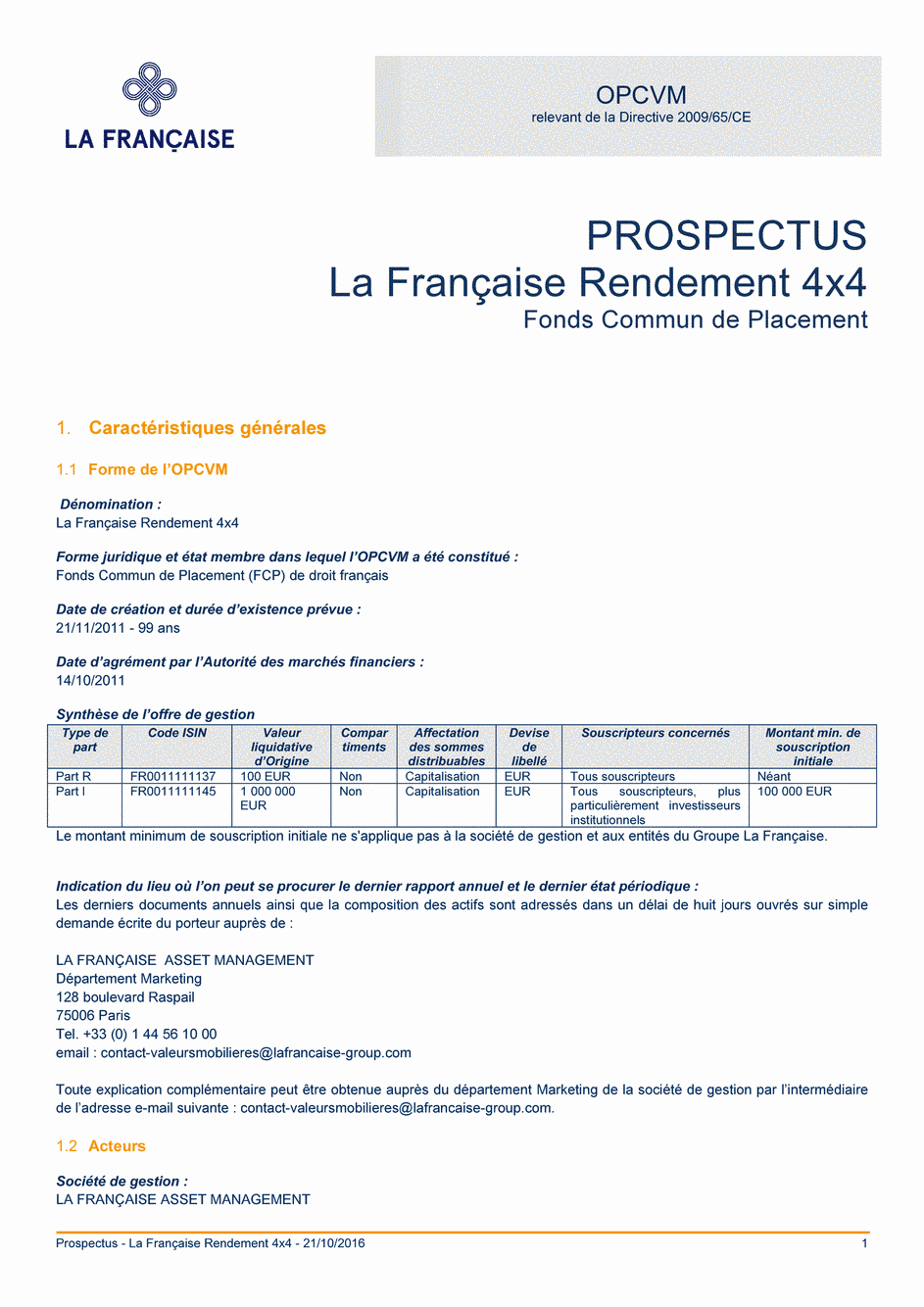 Prospectus La Française Rendement 4X4 - Part R - 01/09/2016 - Français
