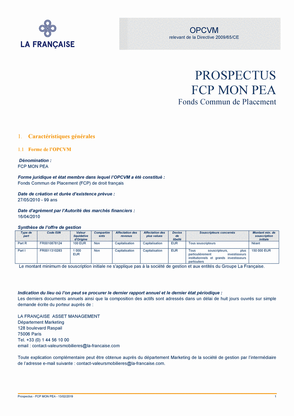 Prospectus FCP Mon PEA (Part I) - 13/02/2019 - Français