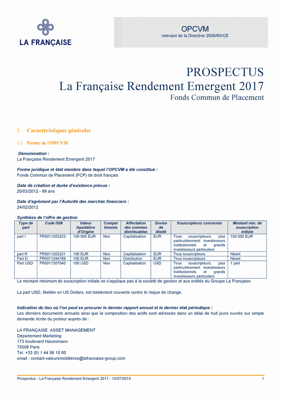 Prospectus La Française Rendement Emergent 2017 - Part S - USD - 15/07/2015 - Français