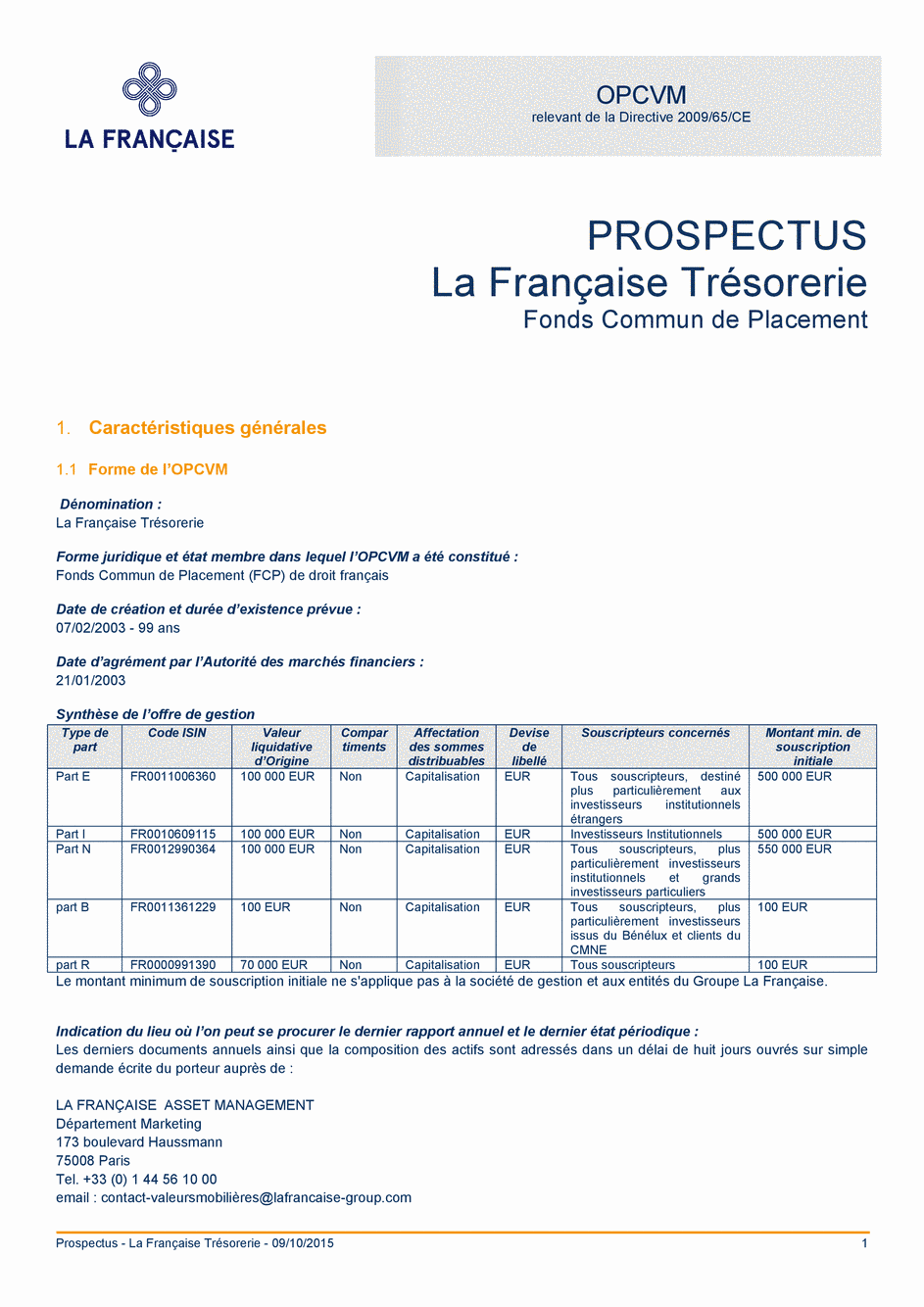 Prospectus La Française Trésorerie - Part B - 09/10/2015 - Français