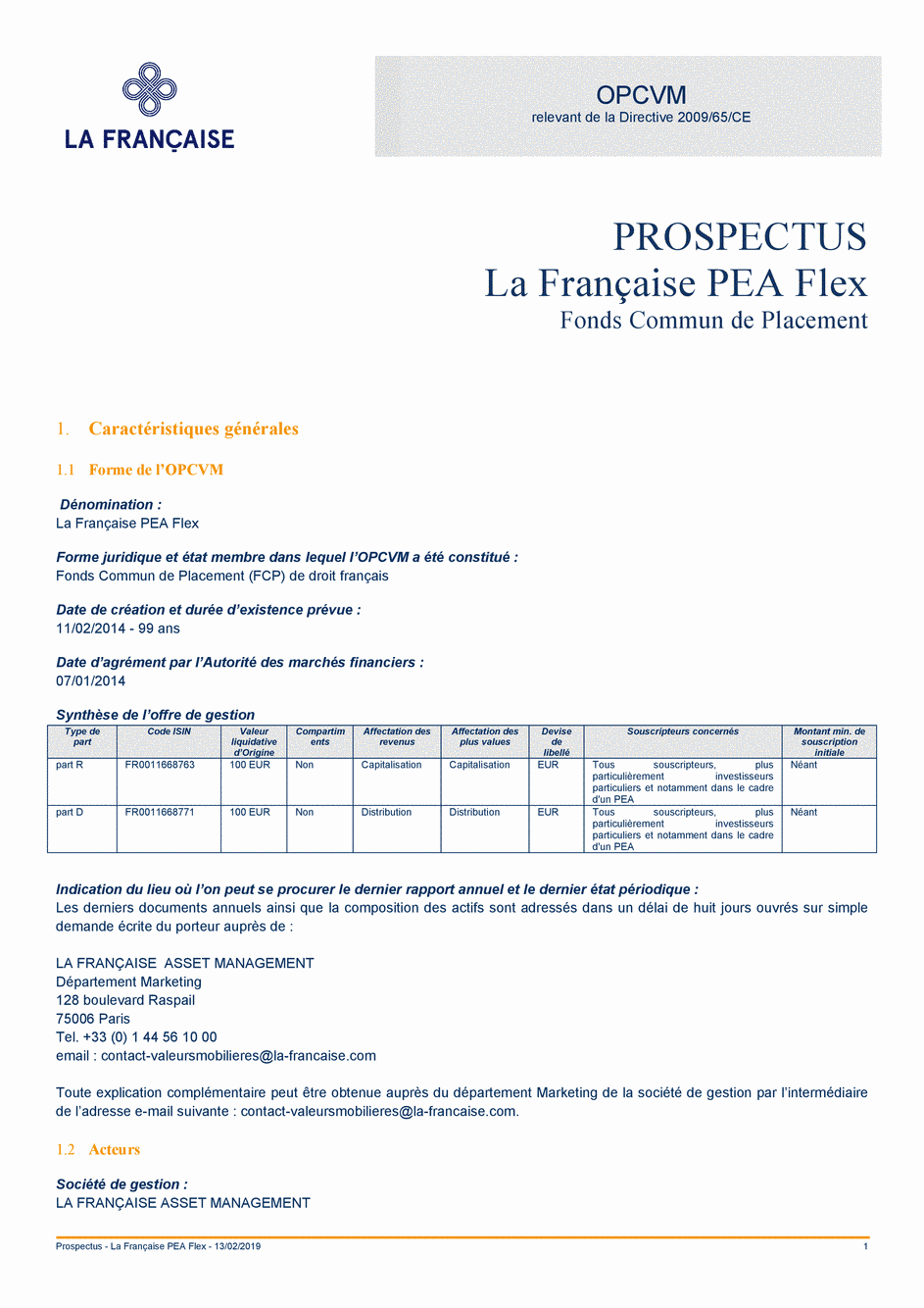 Prospectus La Française PEA Flex - Part R - 13/02/2019 - Français