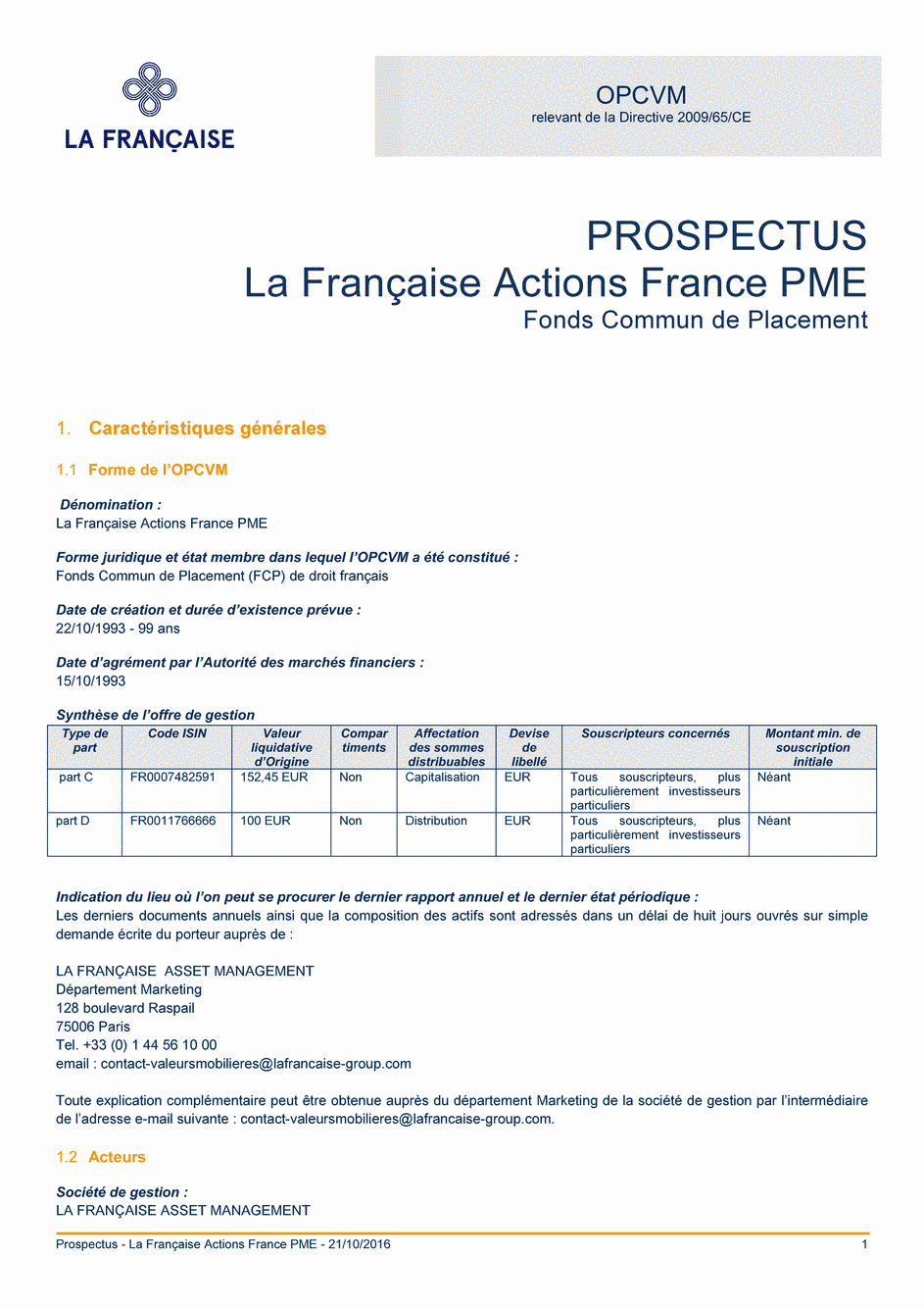 Prospectus LA FRANCAISE ACTIONS FRANCE PME - 21/10/2016 - Français