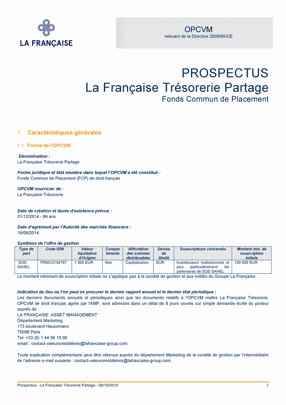 Prospectus La Française Trésorerie Partage - 09/10/2015 - Français