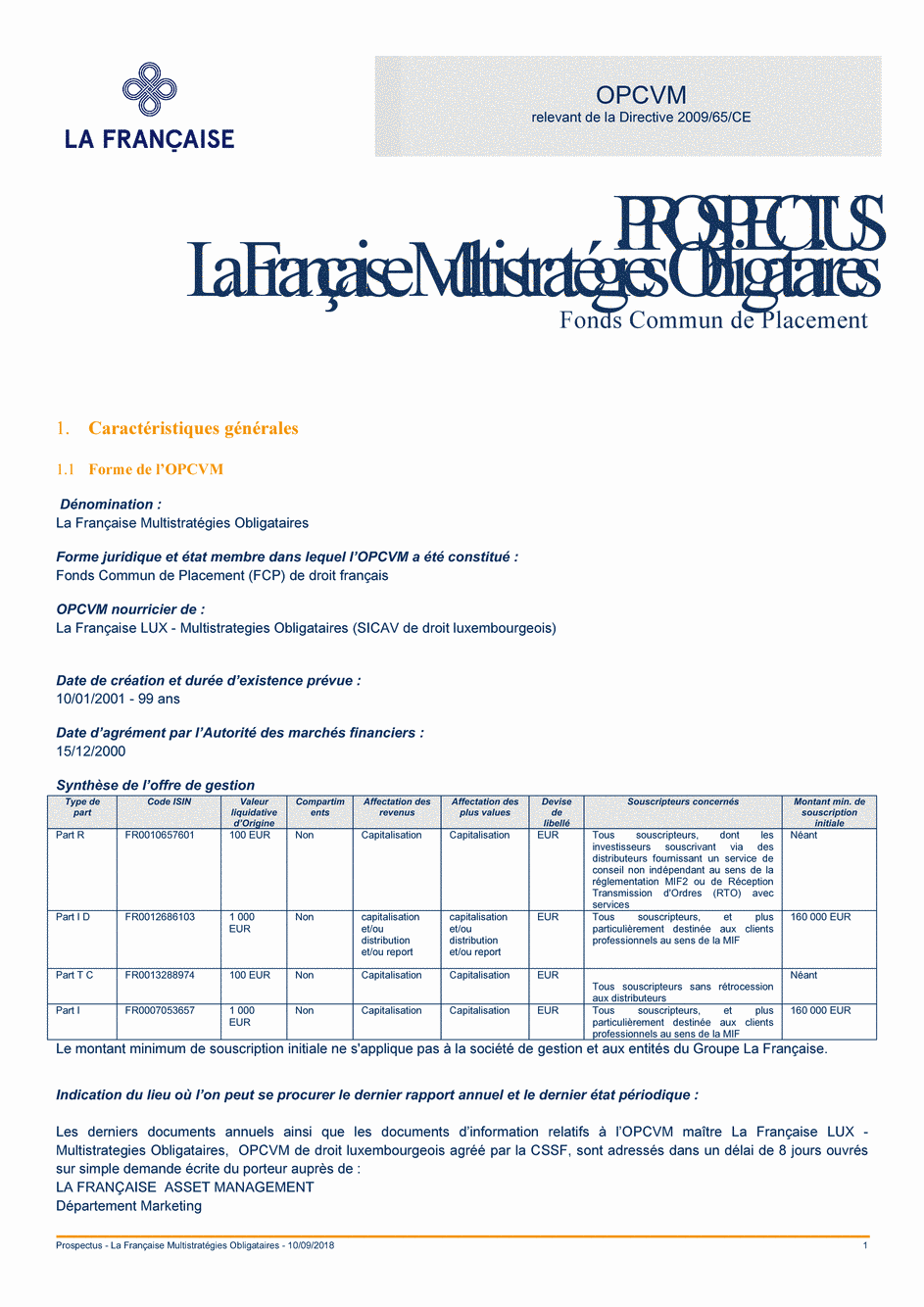 Prospectus La Française Multistratégies Obligataires - Part ID - 10/09/2018 - Français