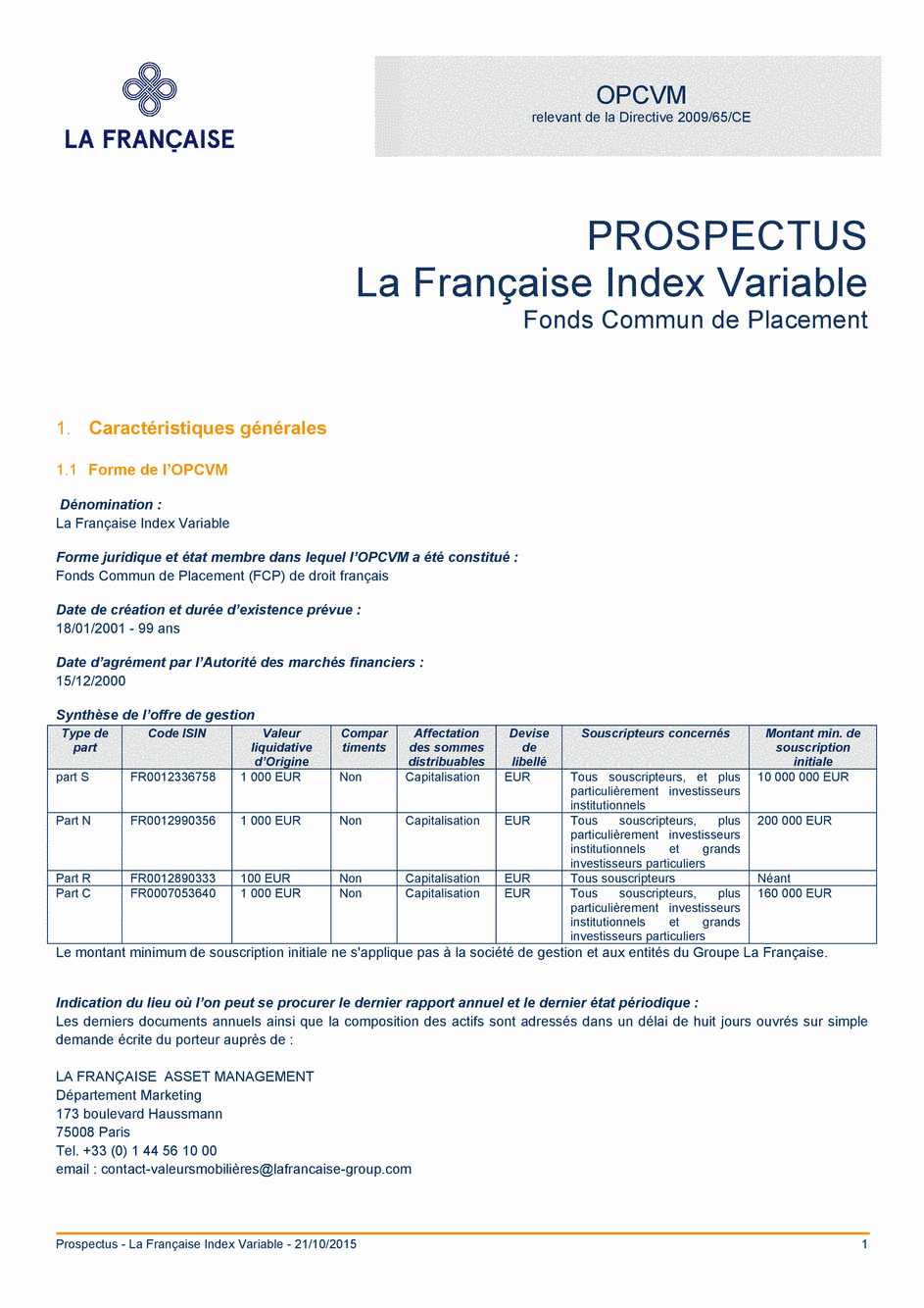 Prospectus La Française Index Variable - Part N - 21/10/2015 - Français