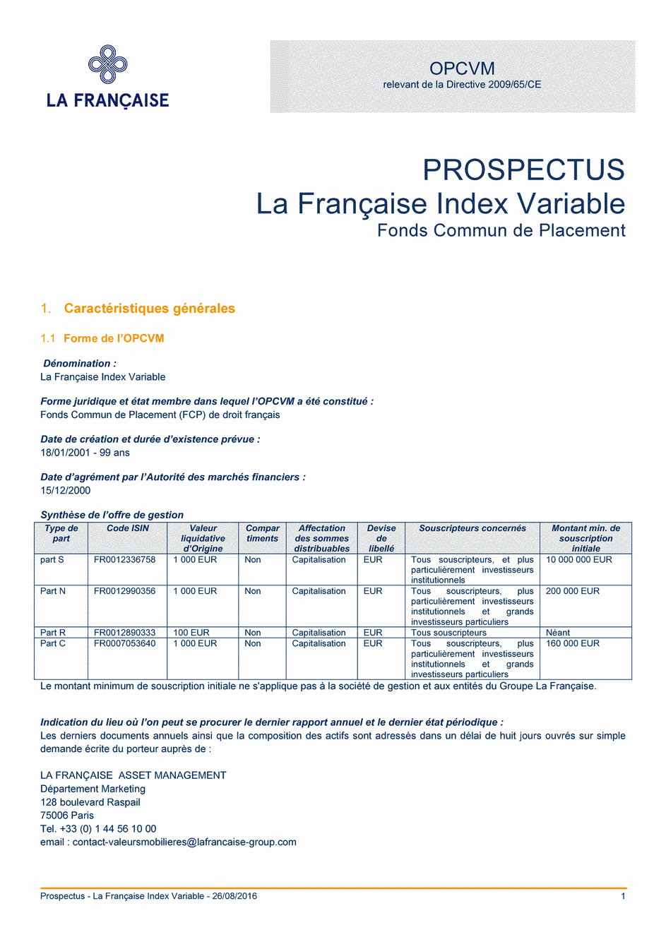 Prospectus La Française Index Variable - Part N - 26/08/2016 - Français