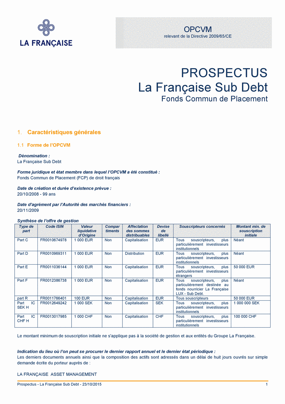 Prospectus La Française Sub Debt - Part IC CHF H - 23/10/2015 - Français